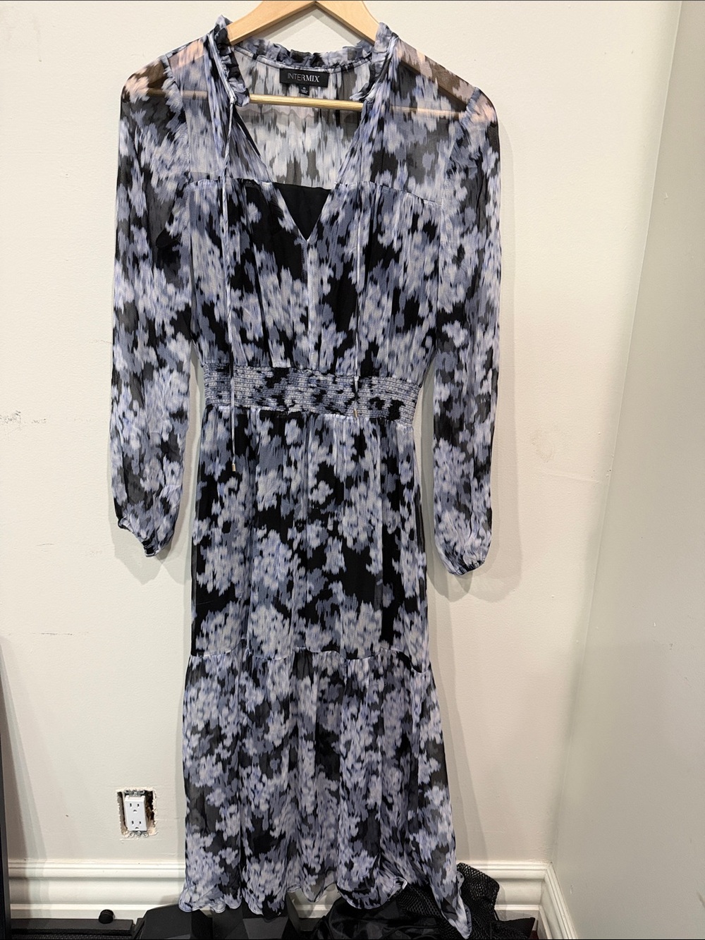 INTERMIX Black and White Sheer Long Sleeve Midi Dress